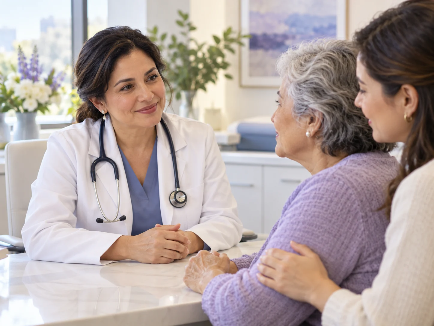 Una doctora conversa con una paciente y su acompañante, imagen ilustrativa