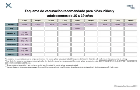 Vista previa de la primera página del esquema de vacunación: Niños y adolescentes de 10 a 19 años