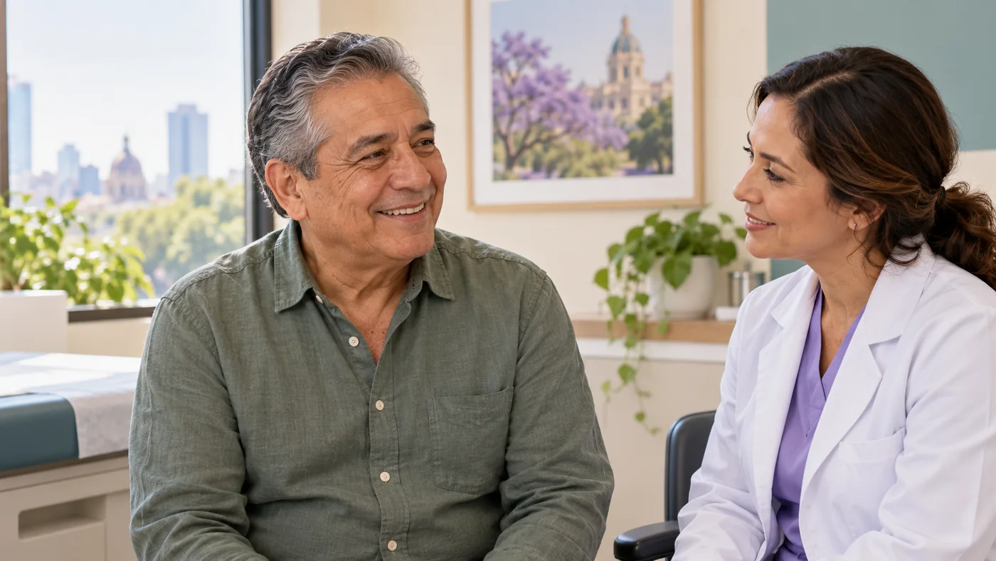 Fotografía ilustrativa de un adulto de alrededor de 60 años conversando con una profesional de salud.