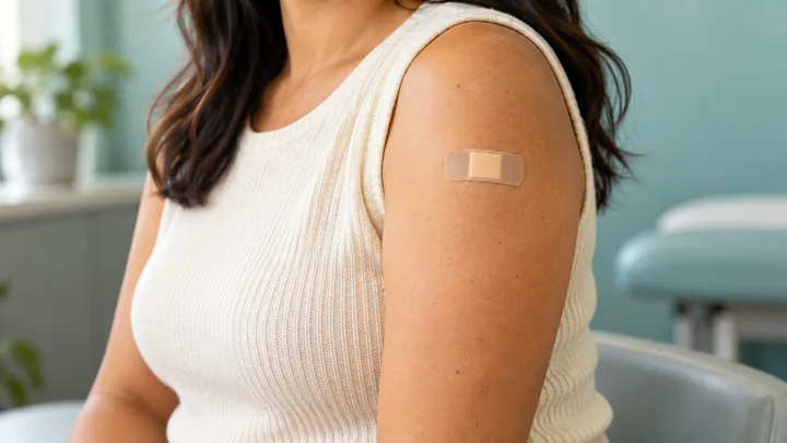 Fotografía ilustrativa de un brazo con un pequeño apósito tras una visita médica.