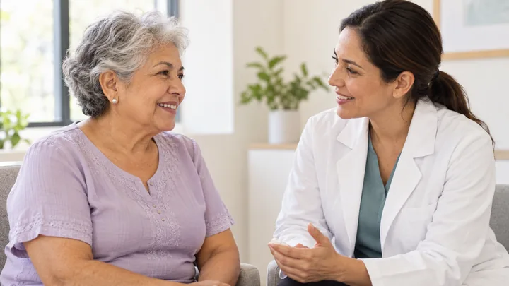 Fotografía ilustrativa de una persona mayor conversando con una profesional de salud.
