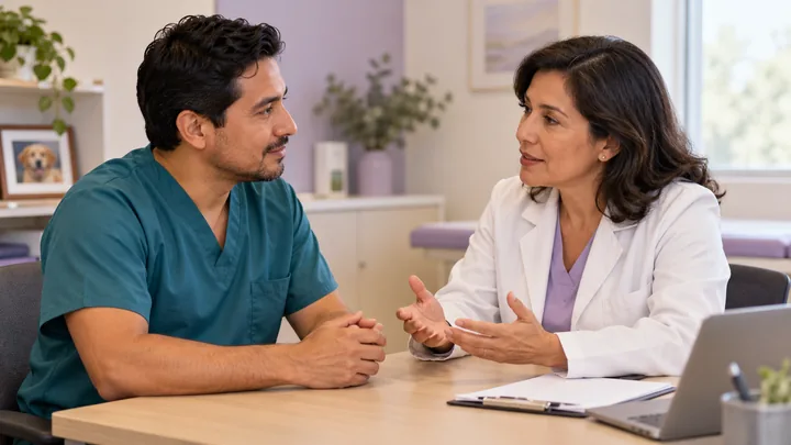 Fotografía ilustrativa de un adulto conversando con una profesional de salud sobre prevención.