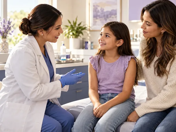Fotografía ilustrativa de una consulta de vacunación con una niña y su madre.