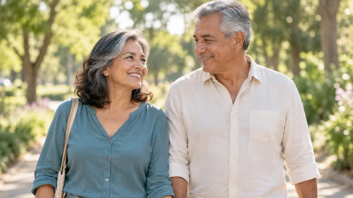 Fotografía ilustrativa de una pareja de personas mayores caminando en un parque.